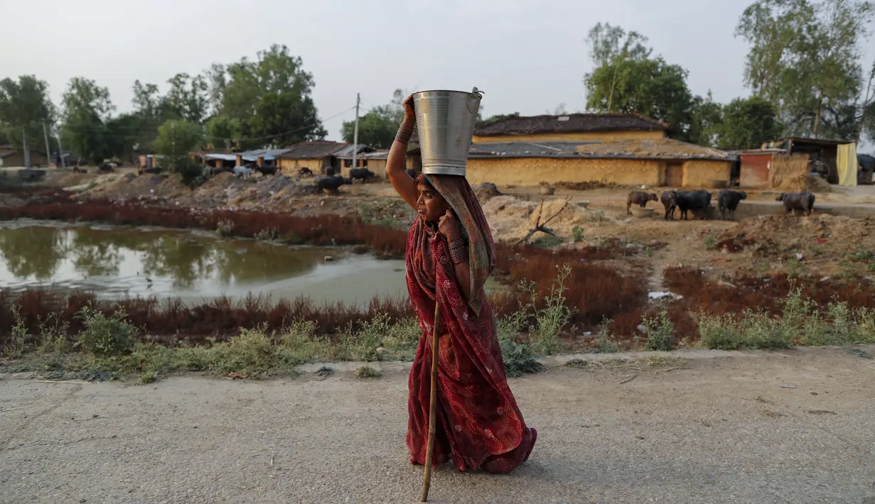 Seorang wanita desa India membawa air berjalan dengan bantuan tongkat di desa Ganeshpur, di distrik Sonbhadra negara bagian Uttar Pradesh, India, Minggu (11/4/2021).  (AP Photo/Rajesh Kumar Singh)