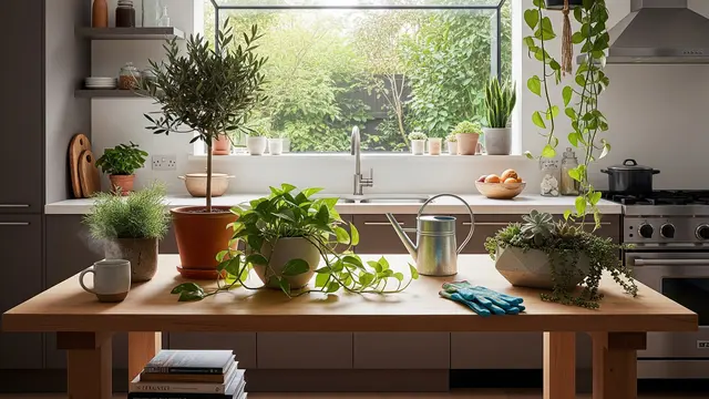 Dapur dengan Tanaman di Meja Kerja