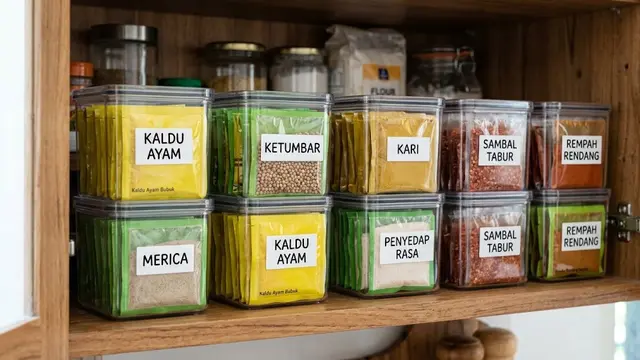 Ide menata bumbu sachet agar mudah dicari dan tidak bikin dapur berantakan model memanfaatkan wadah transparan