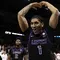 Pebasket Indonesia, Derrick Michael merayakan kemenangan timnya, Grand Canyon Antelopes setelah mengalahkan Saint Mary pada putaran pertama Divisi I NCAA yang berlangsung di Spokane Veterans Memorial Arena, Washington, Amerika, Minggu (23/03/2024) WIB. (AFP/Getty Images/Steph Chambers)