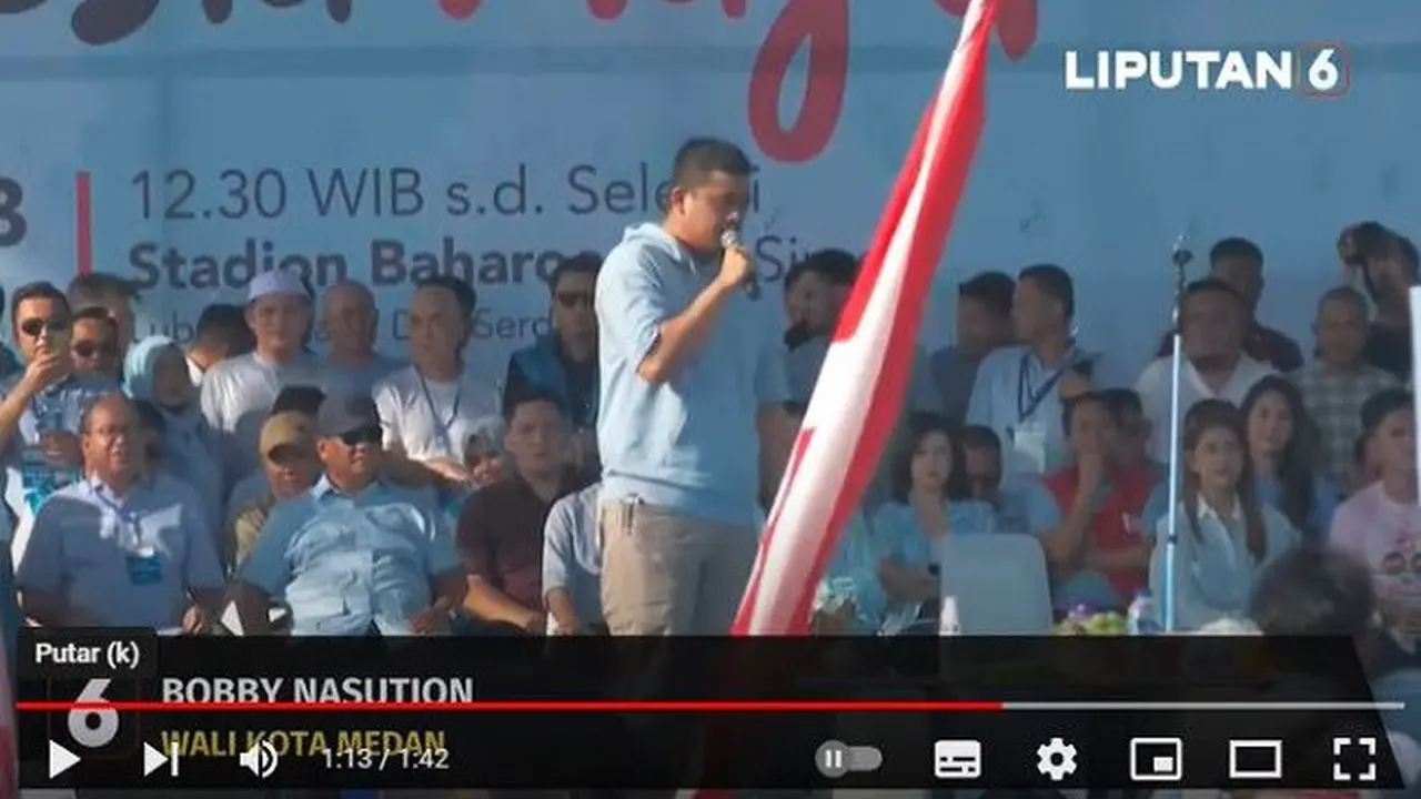 Wali Kota Medan, Bobby Nasution saat menghadiri kampanye pasangan capres-cawapres nomor urut 2, Prabowo Subianto-Gibran Rakabuming Raka di Deli Serdang Sumatera Utara, Rabu 7 Februari 2024. (YouTube Liputan6)