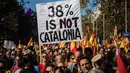 Sejumlah demonstran saat menggelar aksi unjuk rasa menentang deklarasi kemerdekaan Catalonia, di Barcelona, Spanyol, (29/10). Mereka menyerukan persatuan dan menolak deklarasi kemerdekaan Catalan. (AP Photo/Santi Palacios)