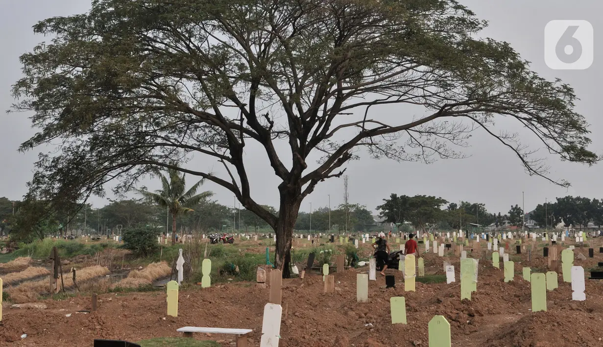 Suasana TPU Tegal Alur yang tampak banyak makam korban Covid-19 di Jakarta, Kamis (25/6/2020). Menurut petugas makam TPU Tegal Alur, selama masa PSBB Transisi jumlah pemakaman jenazah dengan protap Covid-19 meningkat dibanding bulan lalu. (merdeka.com/Iqbal S Nugroho)
