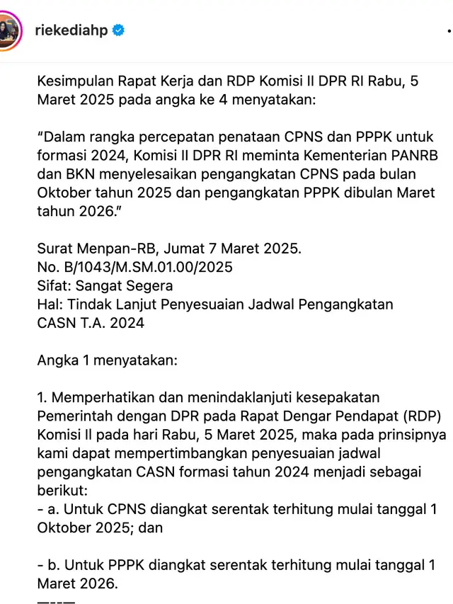 Unggahan Rieke Diah Pitaloka. (Foto: Dok. Instagram @riekediahp)