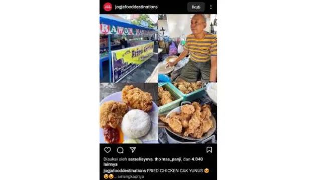 Menu di ayam goreng Cak Yunus di Yogyakarta. (sumber: Instagram @jogjafooddestinations)