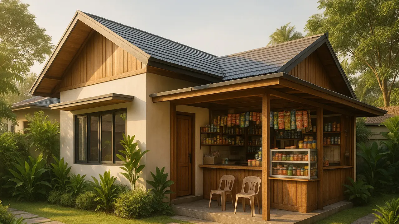 Desain  Rumah L-Shape dengan Warung di Teras Samping