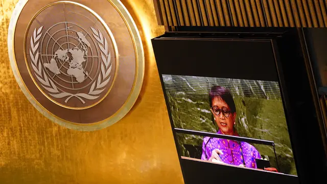 Menlu Retno Marsudi dalam pidatonya di depan Majelis Umum PBB pada Sabtu 23 September 2023 di New York, Amerika Serikat. (Dok Kemlu RI)