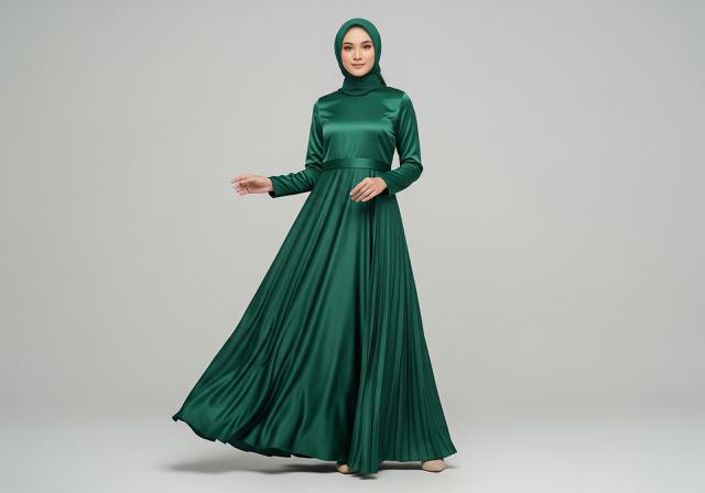 1. Gamis Emerald Green Satin Flow Maxi
