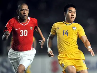 Thai&#039;s Teeratep Winothai vies for the ball with Indonesian player Nova Arianto during their AFF Suzuki Cup match in Jakarta on December 16, 2008. Thailand win 1-0. AFP PHOTO/Bay ISMOYO