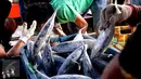 Aktivitas bongkar muat ikan di Pelabuhan Muara Baru, Jakarta, Selasa (22/9/2015). Nelayan mengeluh mahalnya BBM dan Peraturan Menteri No. 2/2015 tentang larangan penggunaan pukat hela dan pukat tarik membuat nelayan merugi. (Liputan6.com/Angga Yuniar) 