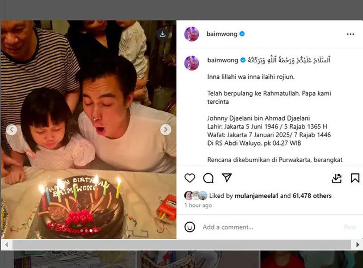 Ayah Baim Wong, Johnny Wong Meninggal Dunia dan Akan Dimakamkan di Purwakarta