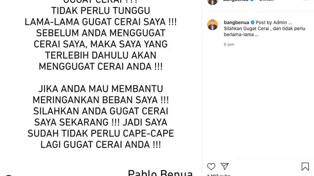 Pablo Benua: Kalau Mau Ringankan Beban, Silakan Gugat Cerai Saya