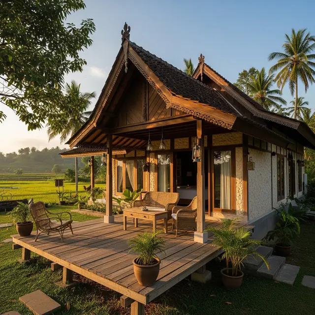 Rumah Kampung 1 Lantai dengan Teras Unik ala Desa Tempo Dulu (Gemini AI)