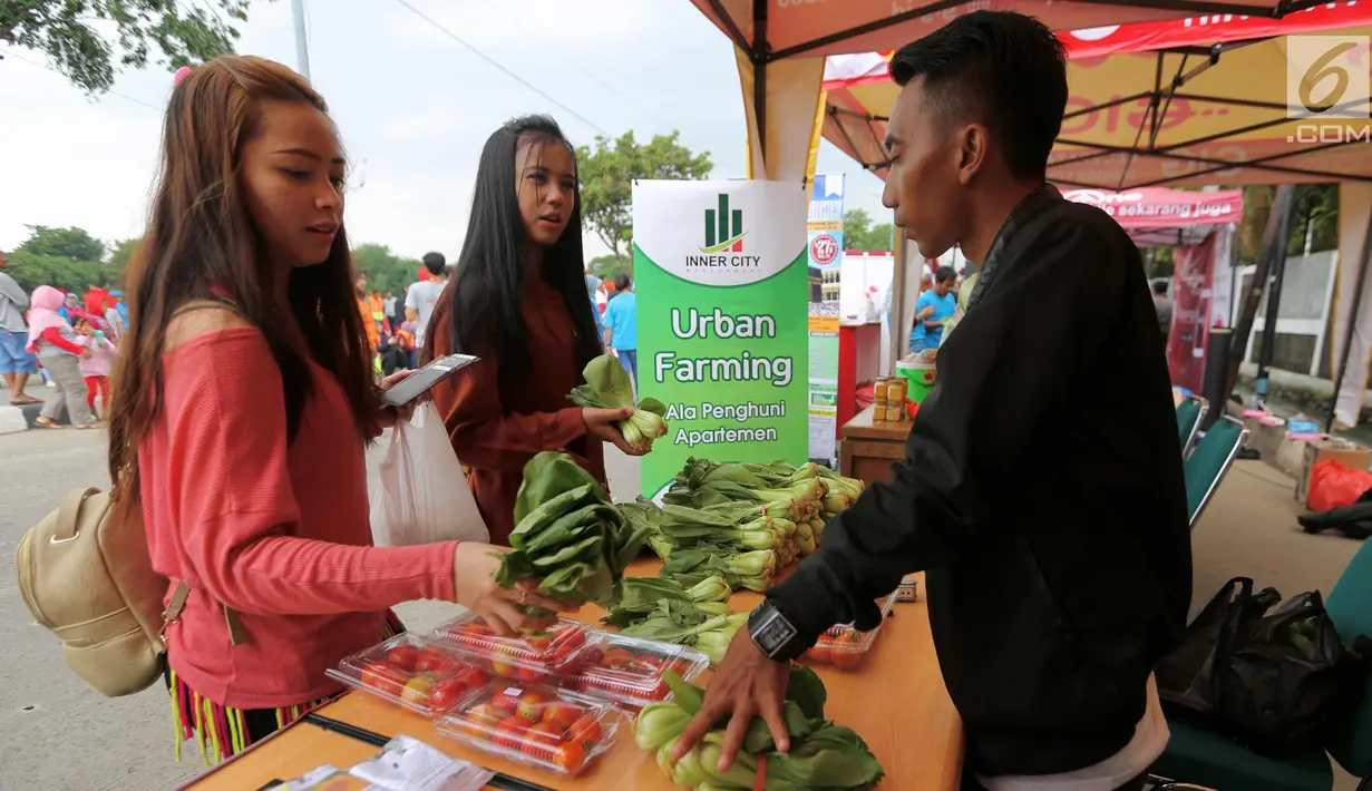 Pengunjung membeli sayur mayur hasil panen dari penghuni Apartemen Green Lake saat Car Free Day di Danau Sunter, Jakarta Utara, Minggu (28/1). Sepanjang tahun 2017 sebanyak 1.000 kilogram (kg) panen sayuran dari urban farming. (Liputan6.com/Fery Pradolo)