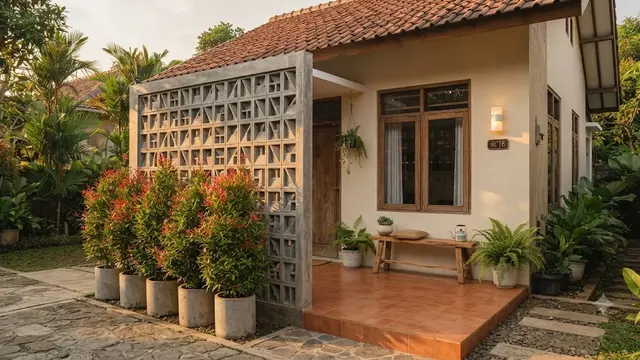 Ide Teras Rumah dengan Pucuk Merah dan Roster Beton