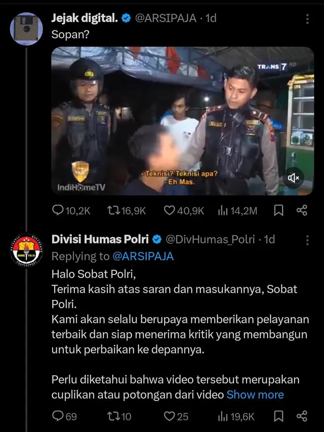 Viral Polwan Ajari Orang Sedang Makan soal Sopan Santun, Begini Reaksi Divhumas Polri