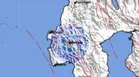 Gempa Magnitudo 4,1 menggetarkan wilayah Kabupaten Mamasa, Sulawesi Barat, Jumat (28/7/2023) pukul 06:49:51 WIB. (Liputan6.com/ Dok BMKG)