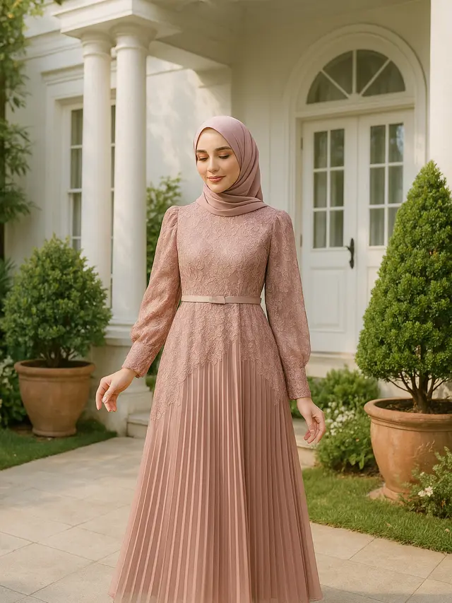 Gamis Modern dengan Sentuhan Brokat