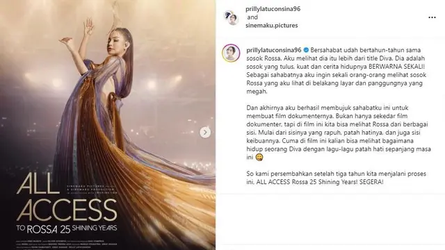 Prilly mengunggah poster film All Access to Rossa 25 Shining Years di akun Instagram miliknya. (Source: Instagram @prillylatuconsina96)