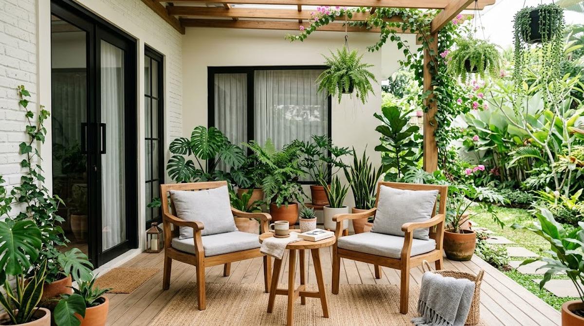 Model Teras Rumah dengan Kursi Kayu dan Tanaman Hijau/AI Generated