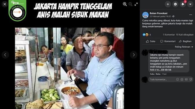 Gambar Tangkapan Layar Foto yang DiklaimAnies Baswedan Makan di Tengah Jakarta yang Hampir Tenggelam (sumber: Facebook)
