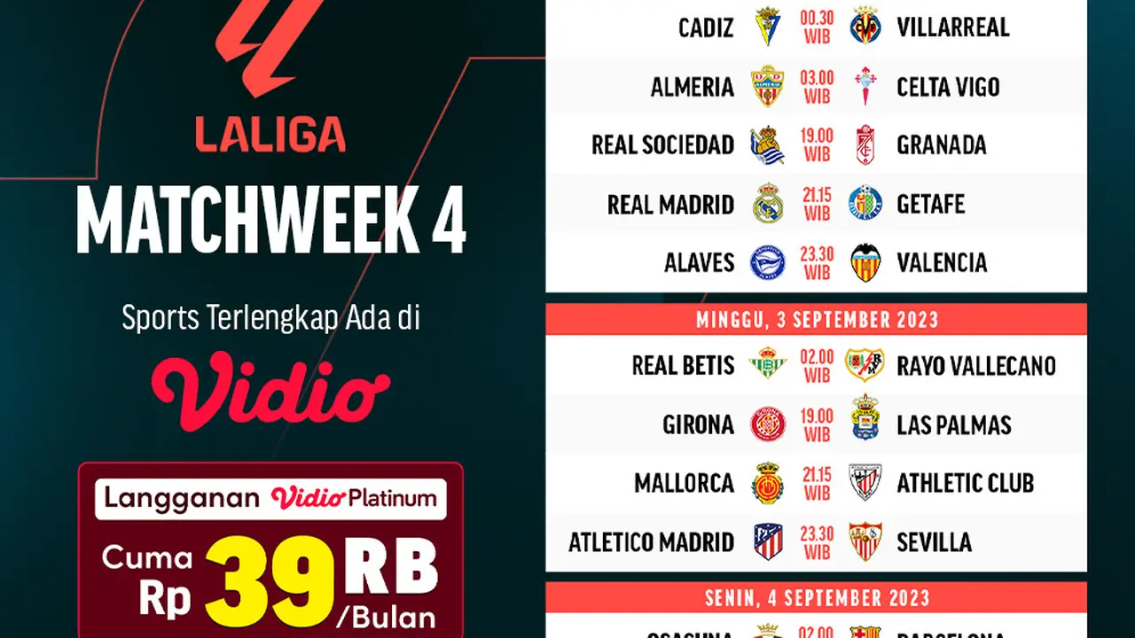 Jadwal Live Streaming Liga Spanyol 2023/2024 Matchweek 4 di Vidio, 2-4 September 2023