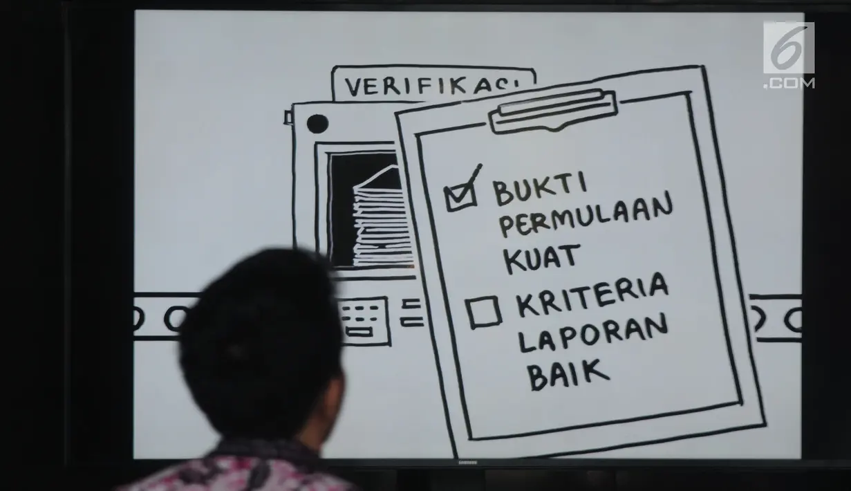 Sebuah layar monitor karikatur pemberantasan korupsi yang terpasang di lobi Gedung KPK, Jakarta, Selasa (20/3). Karikatur tersebut sebagai contoh proses pencegahan korupsi sejak dini. (Merdeka.com/Dwi Narwoko)