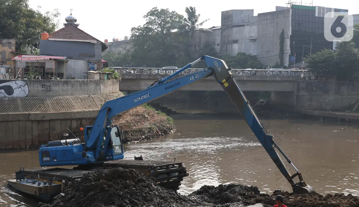 Eksavator amphibi digunakan untuk melakukan proses pengerukan endapan tanah di aliran Sungai Ciliwung, Jakarta, Selasa (28/7/2020). Pengerukan endapan ini untuk memperlancar aliran air Sungai Ciliwung serta upaya pencegahan banjir saat musim hujan. (Liputan6.com/Helmi Fithriansyah)