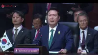 Presiden Korea Selatan Yoon Suk Yeol dalam 24th ASEAN – Republic of Korea (ROK) Summit sebagai rangkaian KTT ke-43 ASEAN 2023 di Jakarta Convention Center (JCC), Rabu (6/9/2023). (Liputan6/Benedikta Miranti)