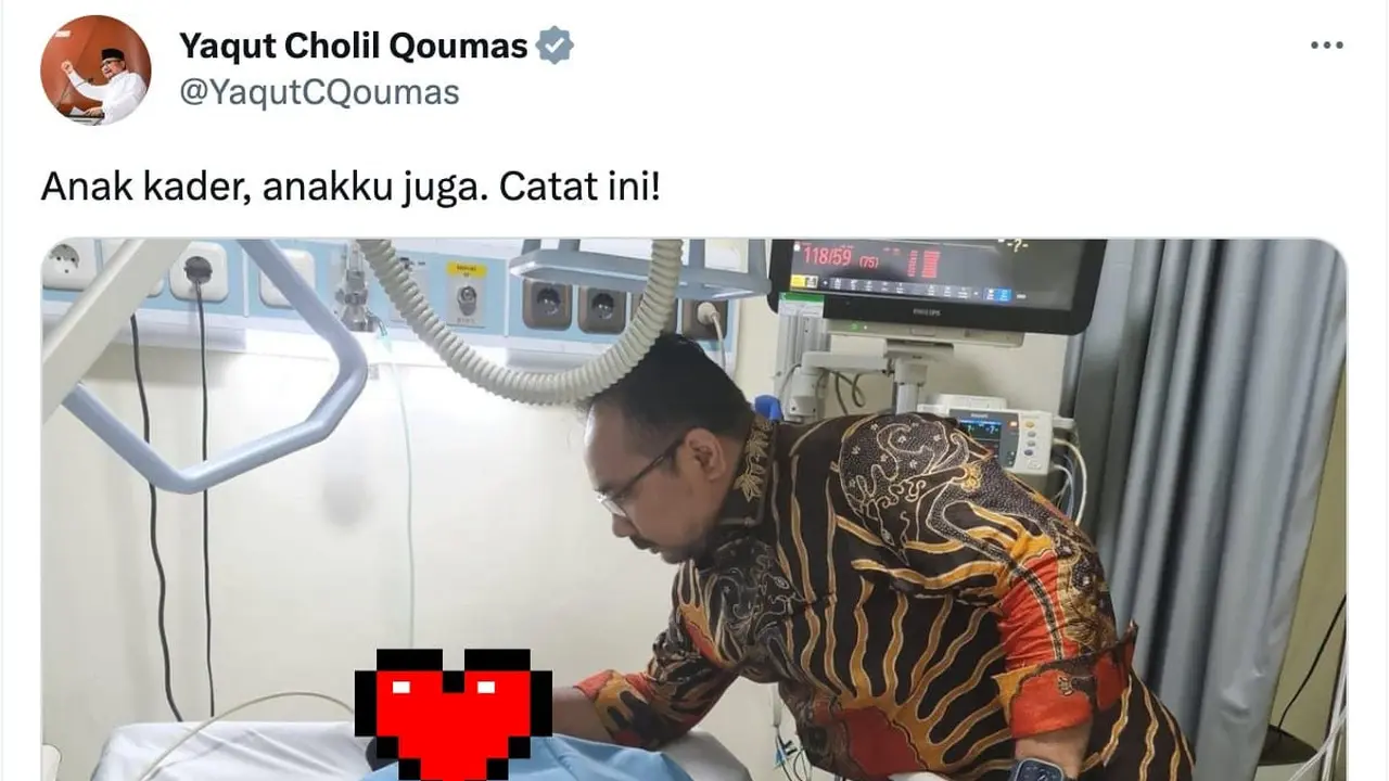 Menteri Yaqut Cholil Qoumas menjenguk David yang koma diduga dianiaya anak pejabat pajak. (Foto: Dok. Instagram @gusyaqut)