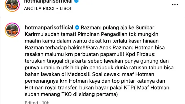 Unggahan Hotman Paris. (Foto: Dok. Instagram @hotmanparisofficial)