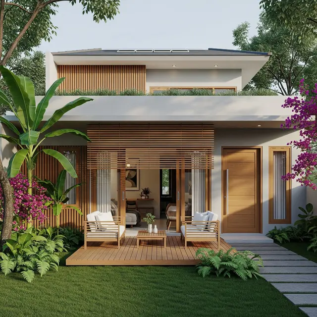 Model Rumah Minimalis Atap Datar dengan Aksen Kayu