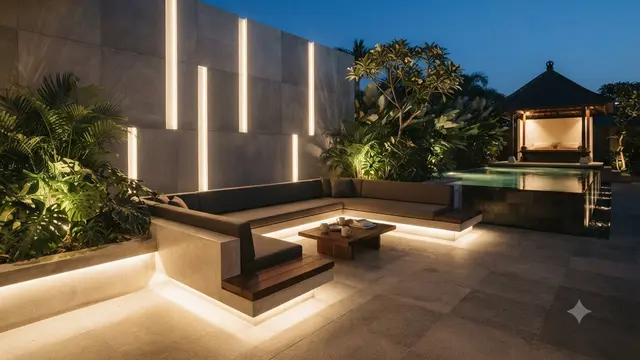 Area Santai Outdoor dengan Lampu Warm White