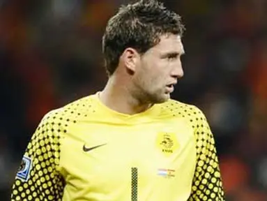 Ekspresi kiper Belanda Maarten Stekelenburg di laga final PD 2010 melawan Spanyol di Soccer City Stadium, Johannesburg, 11 Juli 2010. AFP PHOTO / JEWEL SAMAD 