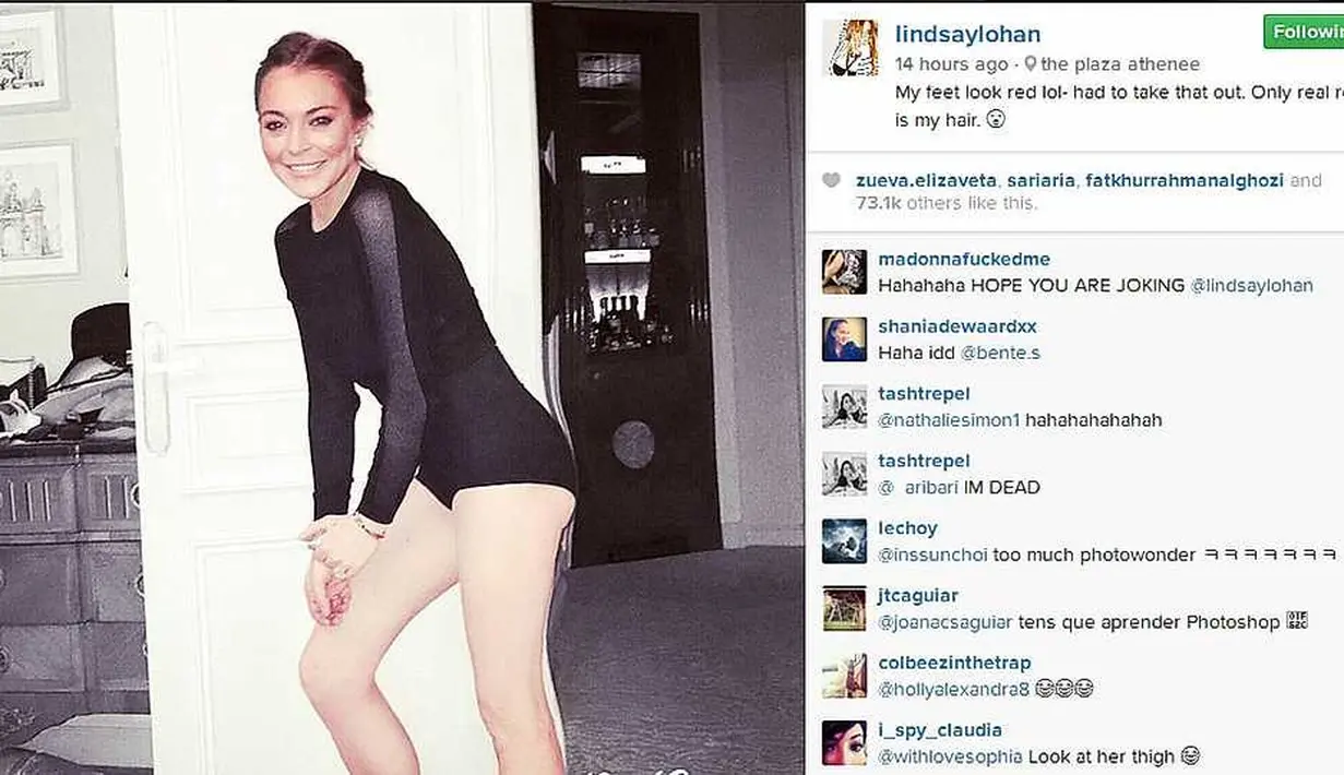 Lindsay Lohan mengunggah fotonya yang telah diedit. Sayang, editannya tak semulus itu dan ia malah jadi bulan-bulanan netizen. (graziadaily.co.uk)