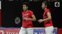 Pebulutangkis Indonesia, Greysia Polii/Apriyani Rahayu saat melawan Maiken Fruergaard/Sara Thygesen (Denmark) pada final ganda putri Indonesia Masters 2020 di Istora GBK, Jakarta, MInggu (19/1/2020). Greysia/Apriyani unggul 18-21 21-11 23-21. (Liputan6.com/Helmi Fithriansyah)