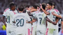 Para pemain Real Madrid merayakan gol pertama dalam pertandingan Liga Spanyol melawan Real Sociedad di Madrid, Spanyol, Rabu (26/8/2026). (AP Photo/Manu Fernandez)