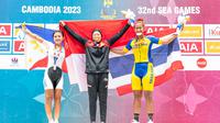 Momen atlet Indonesia meraih medali emas cabor Balap Sepeda MTB di SEA Games 2023. (Nick Hanoatubun/PB ISSI)