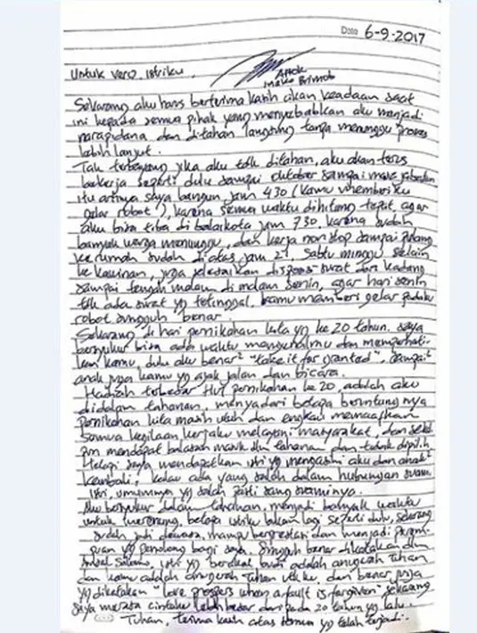 Surat cinta Basuki Tjahaja Purnama (Ahok) untuk Veronica Tan surat ini dibacakan anak pertama mereka, Nicholas Sean Purnama pada 7 September 2017. (Istimewa)