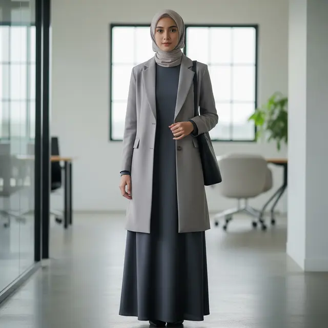 9 Model Gamis Kombinasi Blazer Formal untuk Acara Kantor, Pilihan Stylish Muslimah