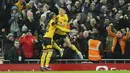 <p>Penyerang Wolverhampton Wanderers, Hwang Hee-chan (kanan) berselebrasi usai mencetak gol ke gawang Liverpool pada putaran ketiga Piala FA di stadion Anfield, Inggris, Minggu (8/1/2023). Hasil imbang ini berarti kedua tim akan bertemu dalam pertandingan ulang (replay) di kandang Wolves, Molineux, untuk menentukan pemenang yang berhak melaju ke putaran Piala FA 2022-2023 berikutnya. (AP Photo/Jon Super)</p>