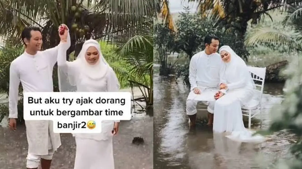 7 Potret Pengantin Abadikan Momen Pernikahan di Tengah Banjir Ini Viral