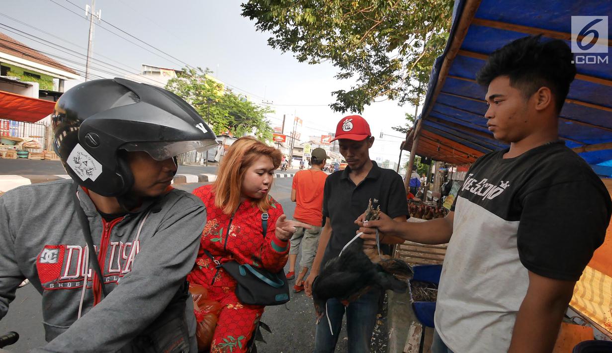 Pembeli sedang melihat seekor ayam di kawasan jalan raya Bogor KM 32, Depok, Selasa (12/6). Menjelang perayaan Idul Fitri 1439 H, para pedagang ayam dan entok mulai memadati pinggir jalan raya Bogor KM 32. (Liputan6.com/Herman Zakharia)