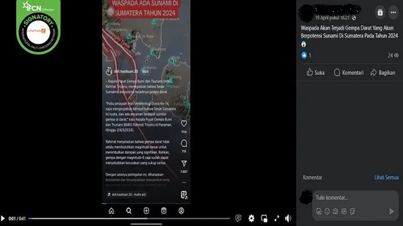 Gambar tangkapan layar kabar tentang adanya tsunami di Sumatera pada 2024. (sumber: Facebook)