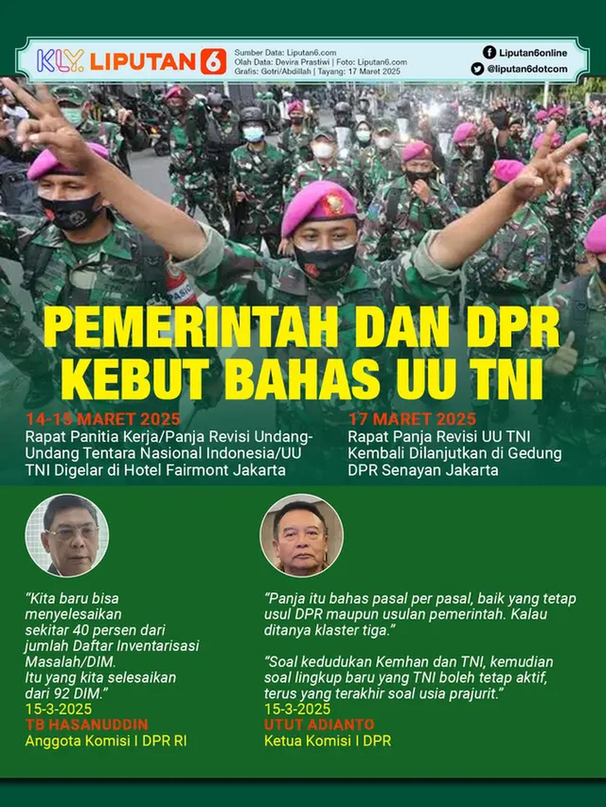 Infografis Pemerintah dan DPR Kebut Bahas Revisi UU TNI. (Liputan6.com/Gotri/Abdillah)