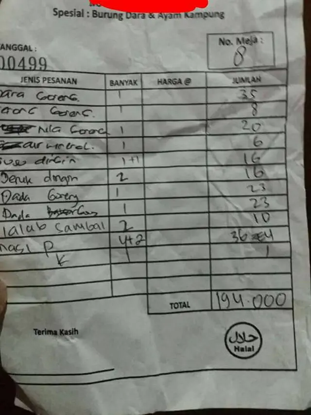 6 Potret Nota Makanan di Pinggir Jalan, Harganya Bikin Melongo