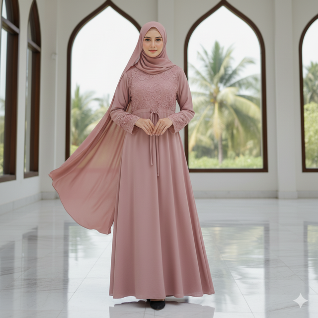 Mujer vistiendo abaya rosa (Gemini AI)