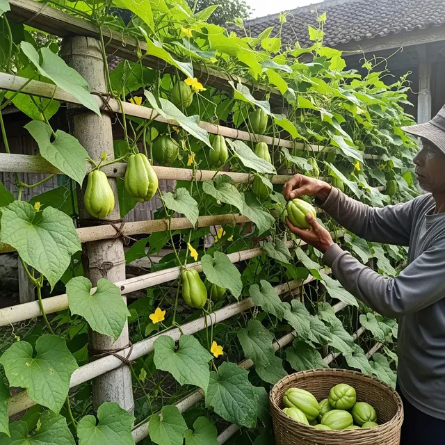 Kebun Labu Siam Rambat di Pagar Bambu (Gemini AI)