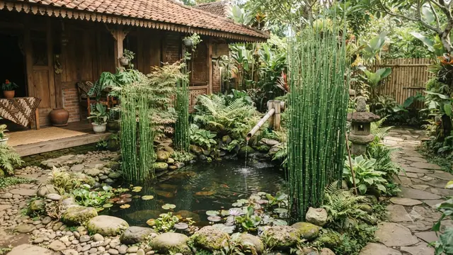 Tanaman air yang cocok untuk kolam mini bergaya Jepang model dengan bambu air