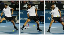 Kombinasi foto menunjukkan saat petenis Bulgaria, Grigor Dimitrov, memukul bola dari sela kakinya saat melawan petenis Serbia, Viktor Troicki, dalam final turnamen tenis Sydney International di Sydney, Australia, (16/1/2016). (Reuters/Jason Reed)